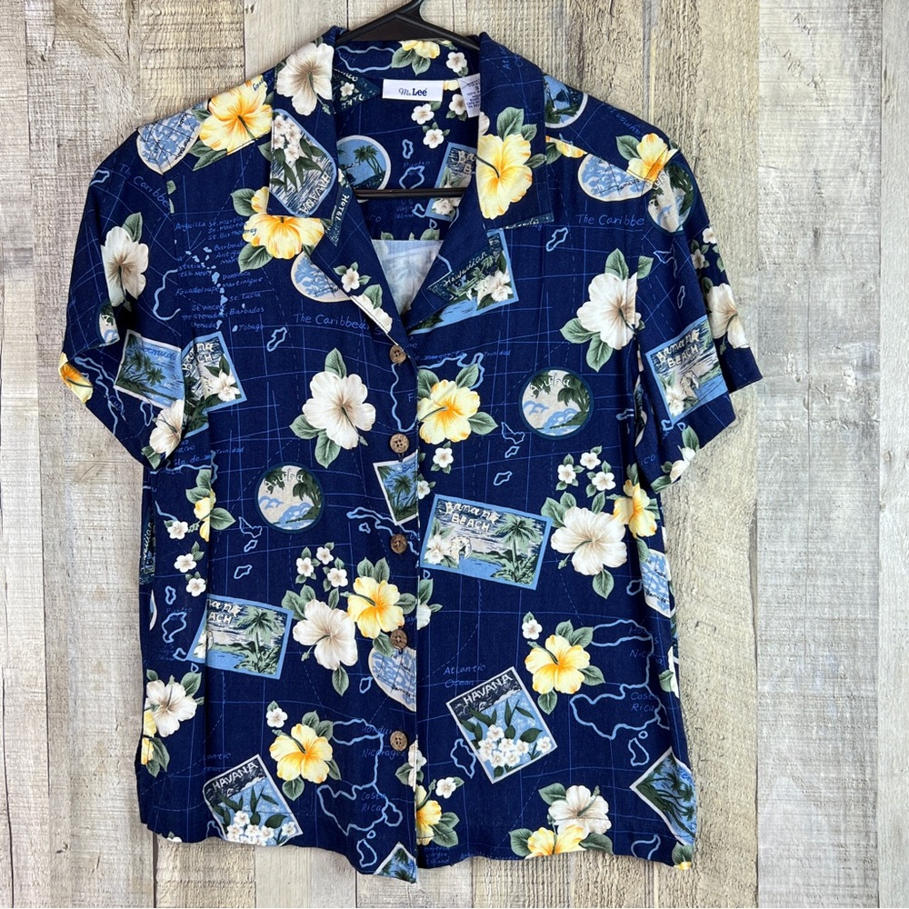 Ms. Lee Vintage Sz Small Floral Tropical/Hawaiian Button Front Short Sleeve